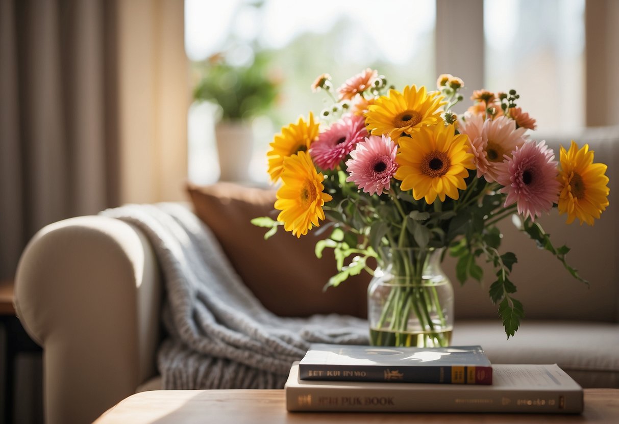 A tan couch sits in a cozy living room, adorned with colorful throw pillows and a soft blanket. A side table holds a stack of books and a vase of fresh flowers