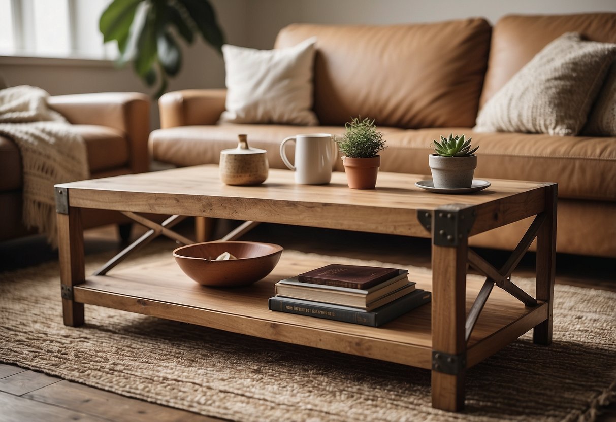 A rustic wooden coffee table sits in front of a tan couch, with home decor ideas scattered around