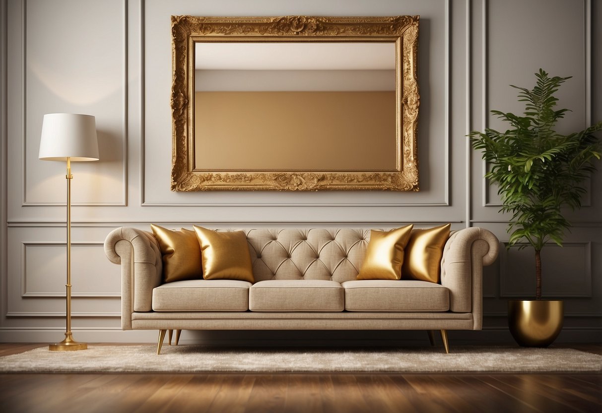 A tan couch sits against a wall, adorned with a gold accent mirror. The room is filled with home decor ideas