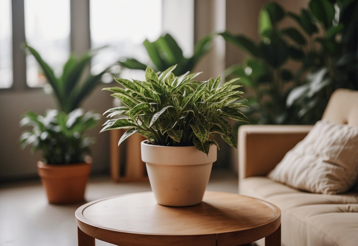 A green potted plant sits on a tan couch, surrounded by home decor ideas