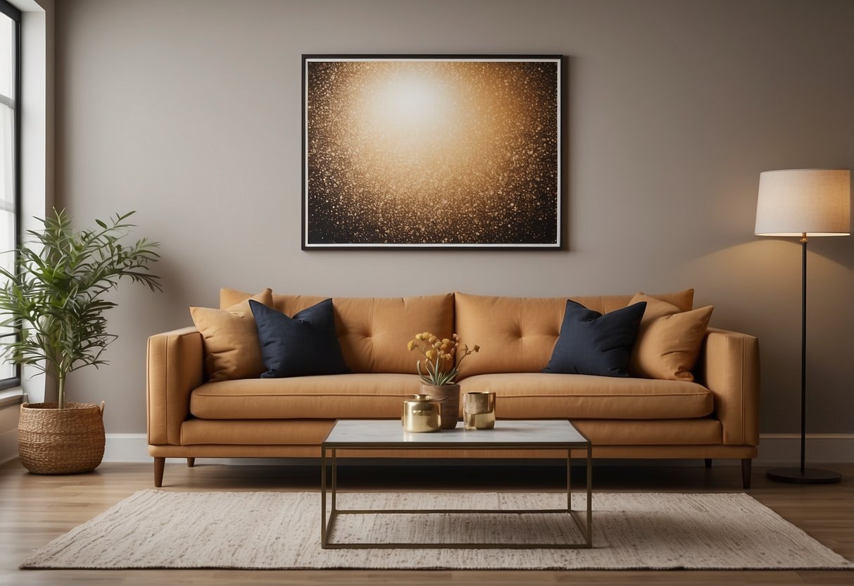 A tan couch sits against a stylish wall art, creating a cozy and chic home decor scene