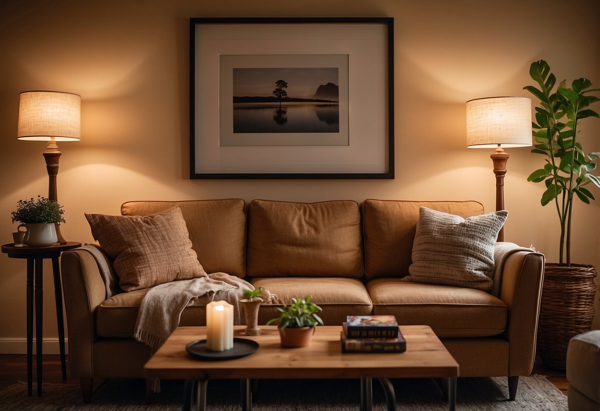 A tan couch sits in a cozy living room, accented by a vintage floor lamp. The room exudes a warm and inviting atmosphere, perfect for home decor inspiration