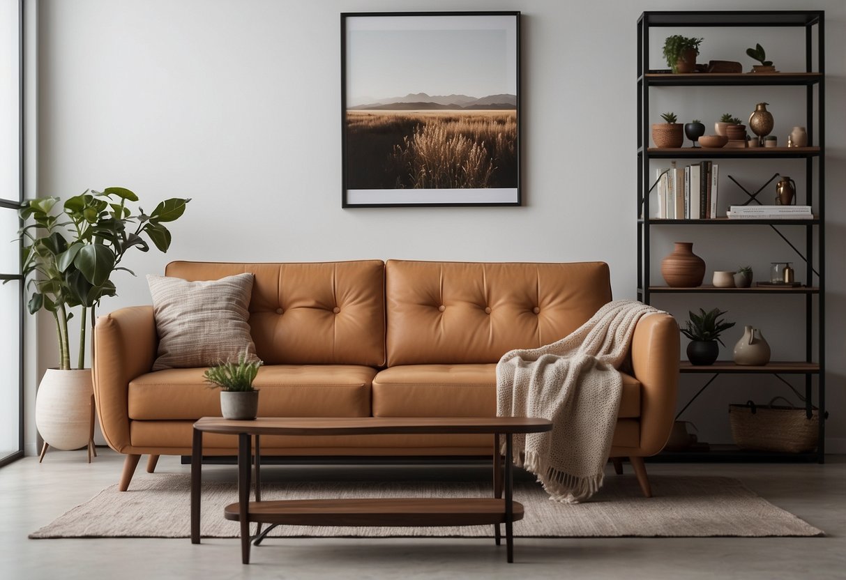 A modern tan couch sits against a white wall, adorned with a sleek, minimalist shelving unit displaying various home decor items