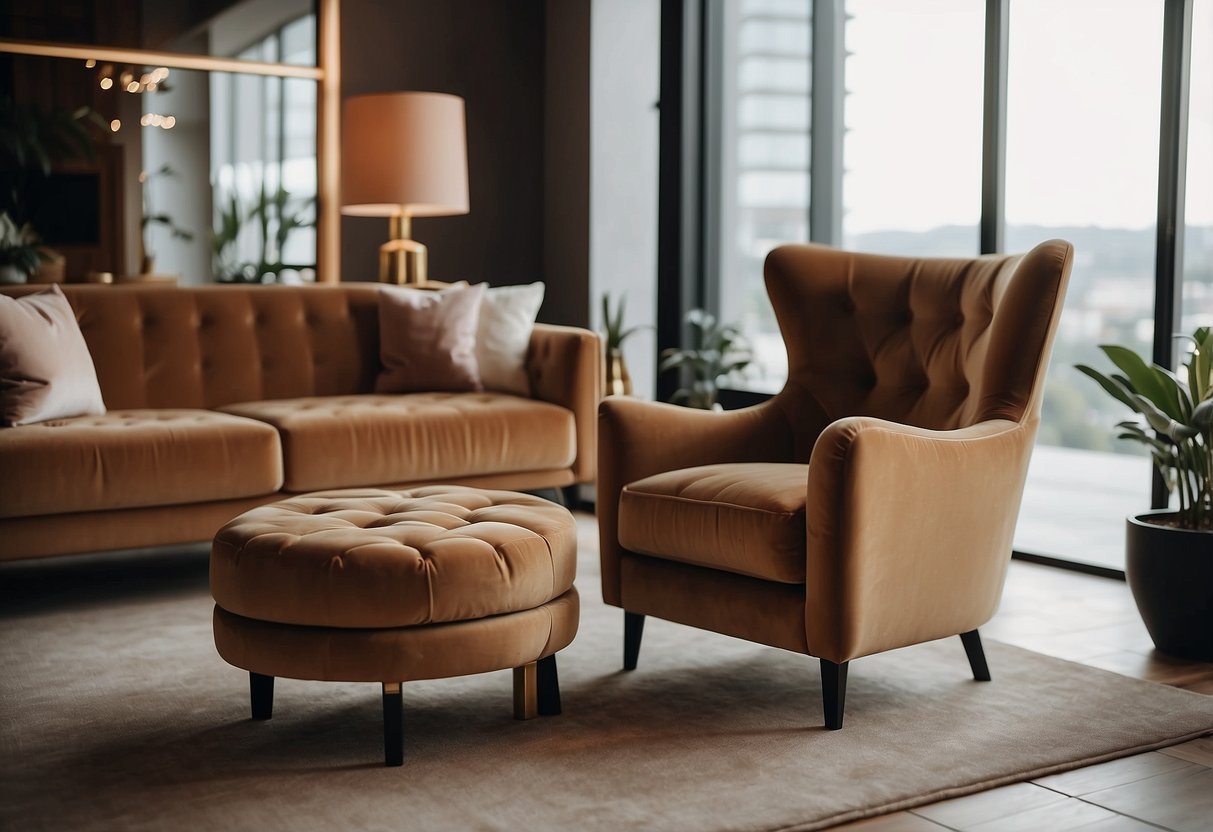 A luxurious velvet tan armchair sits next to a matching tan couch, creating a cozy and stylish home decor idea