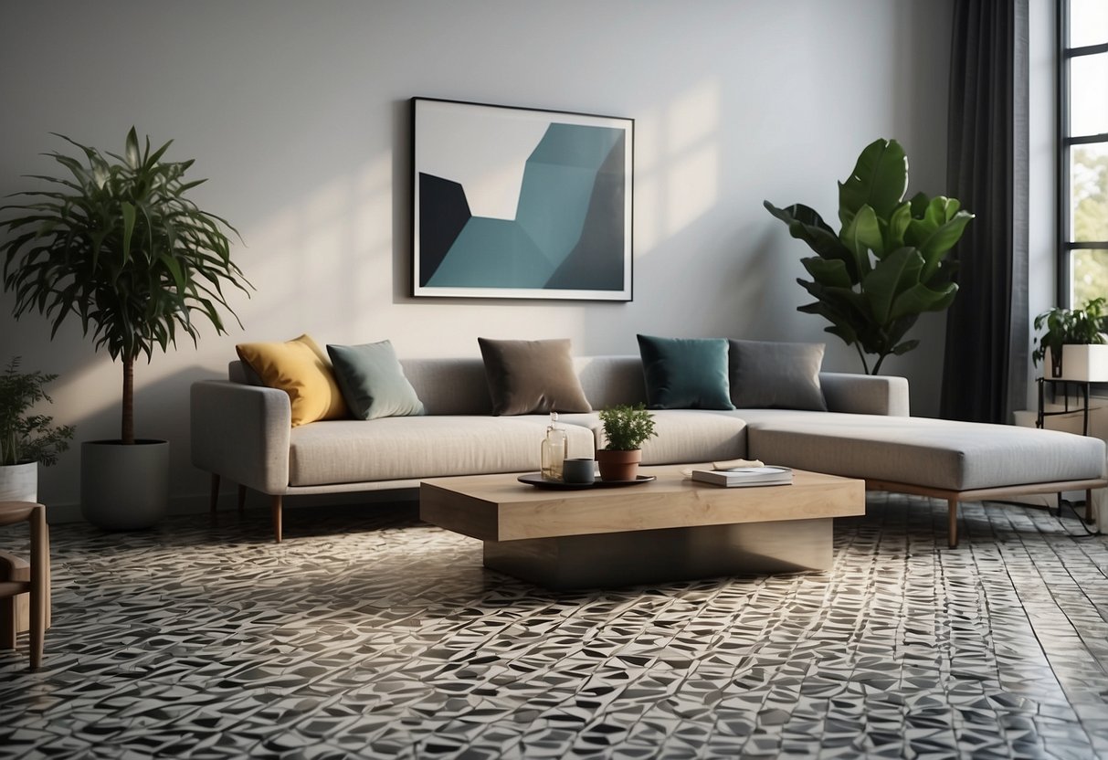 A modern living room with geometric patterned tiles on the floor and a sleek tiled accent wall. Minimalist furniture and plants add to the contemporary home decor vibe