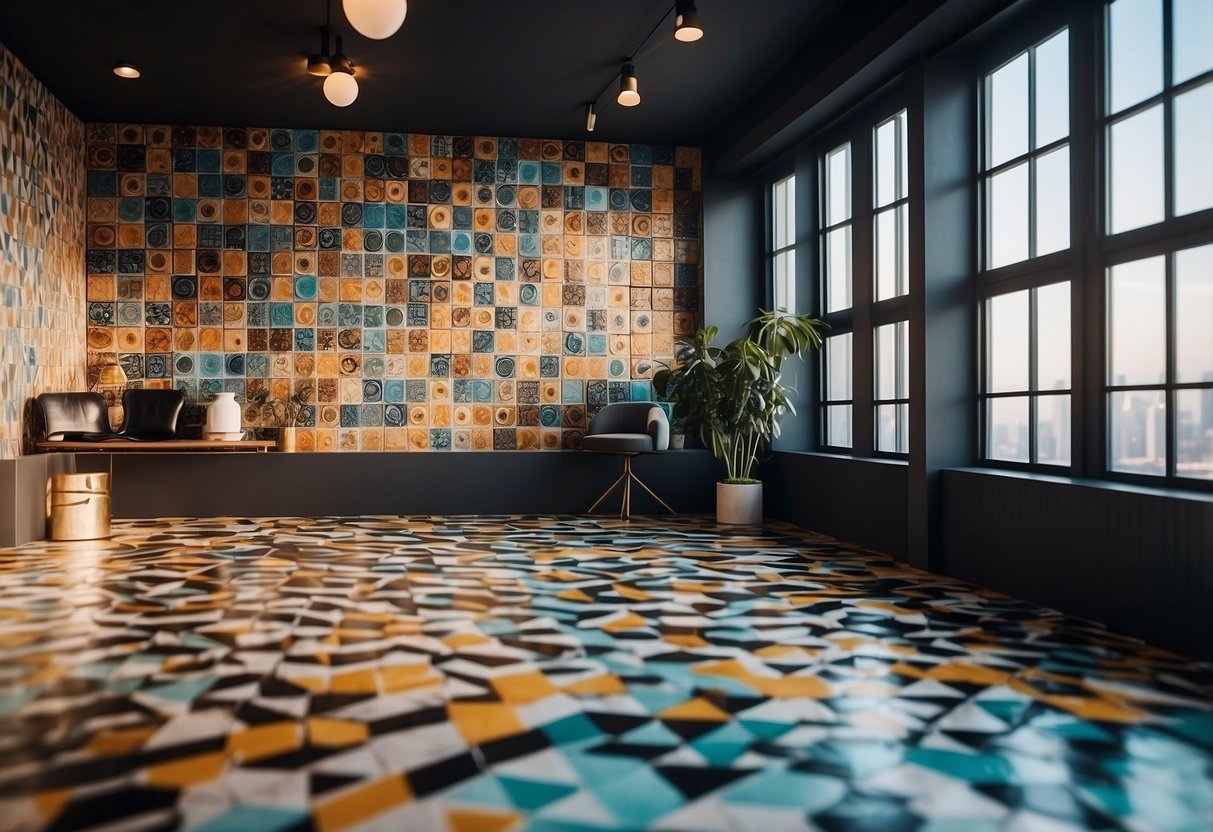 A room with colorful geometric patterned tiles covering the floor and walls, creating a modern and vibrant home decor