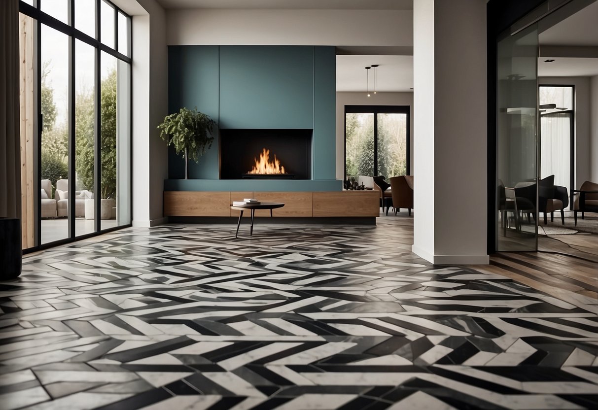 A modern living room with geometric chevron tile designs on the floor, complemented by matching tiles on the fireplace surround and accent wall