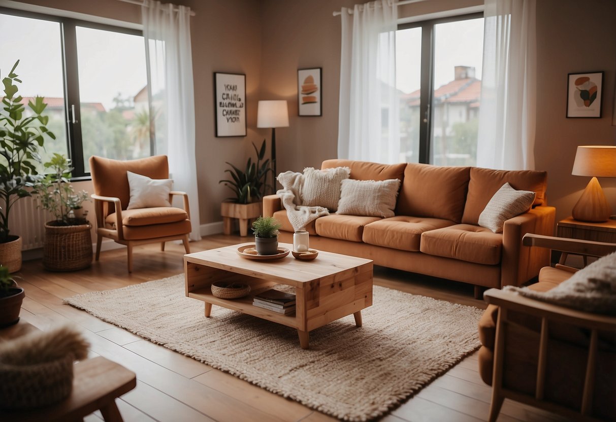 A cozy living room with timber furniture, warm earthy tones, and soft textiles creating a welcoming and comfortable atmosphere