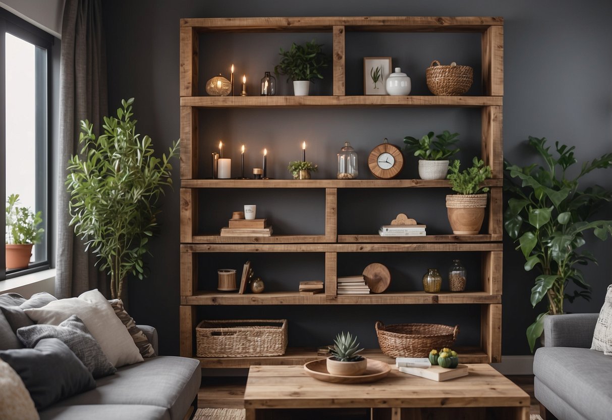 Reclaimed timber shelves adorn a cozy living room, showcasing home decor items and adding a rustic touch to the space