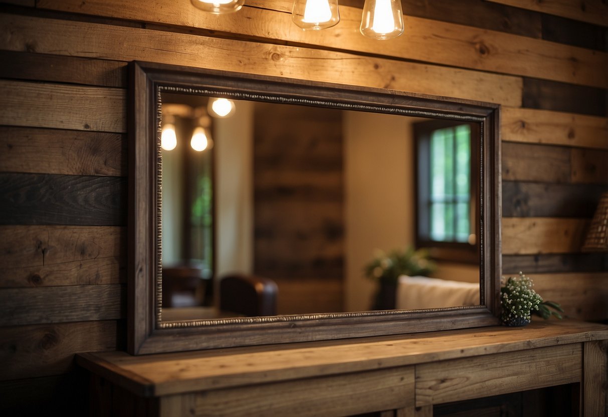 A handcrafted timber frame mirror hangs on a rustic wooden wall, surrounded by warm, earthy decor accents