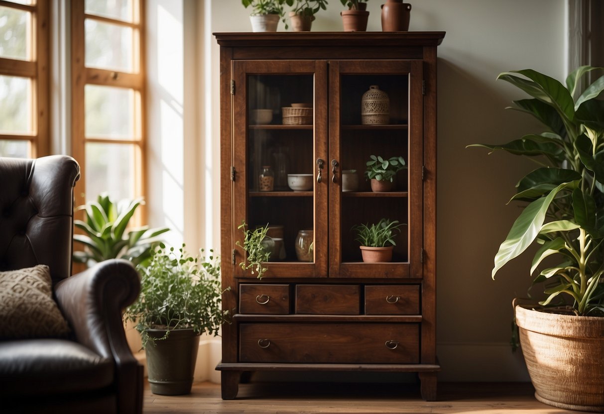 A vintage timber cabinet sits in a cozy living room, adorned with potted plants and antique trinkets. Sunlight filters through the window, casting a warm glow on the rustic furniture