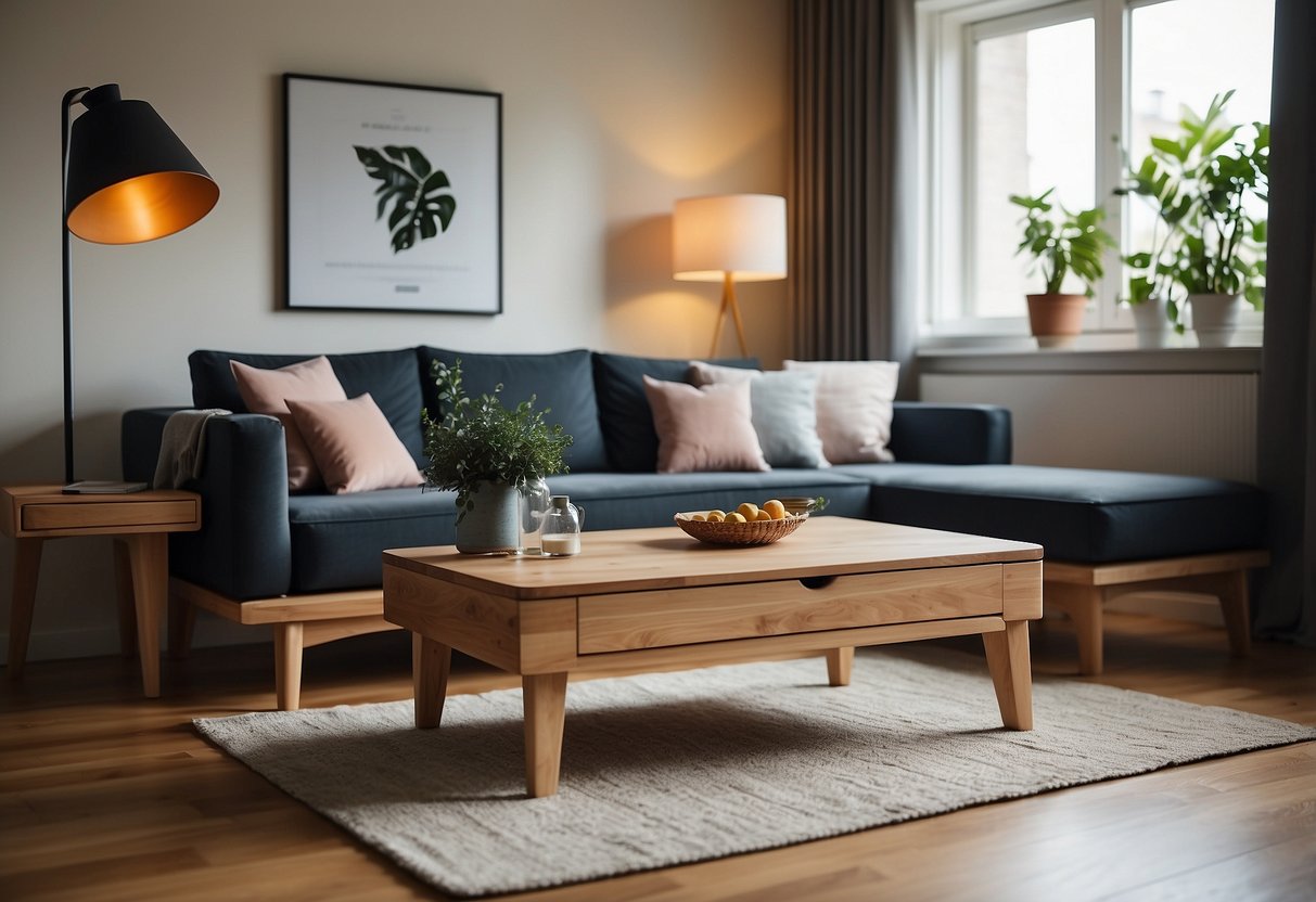 A living room with timber flooring, a dining area with a timber table, and a bedroom with a timber bed frame and nightstand