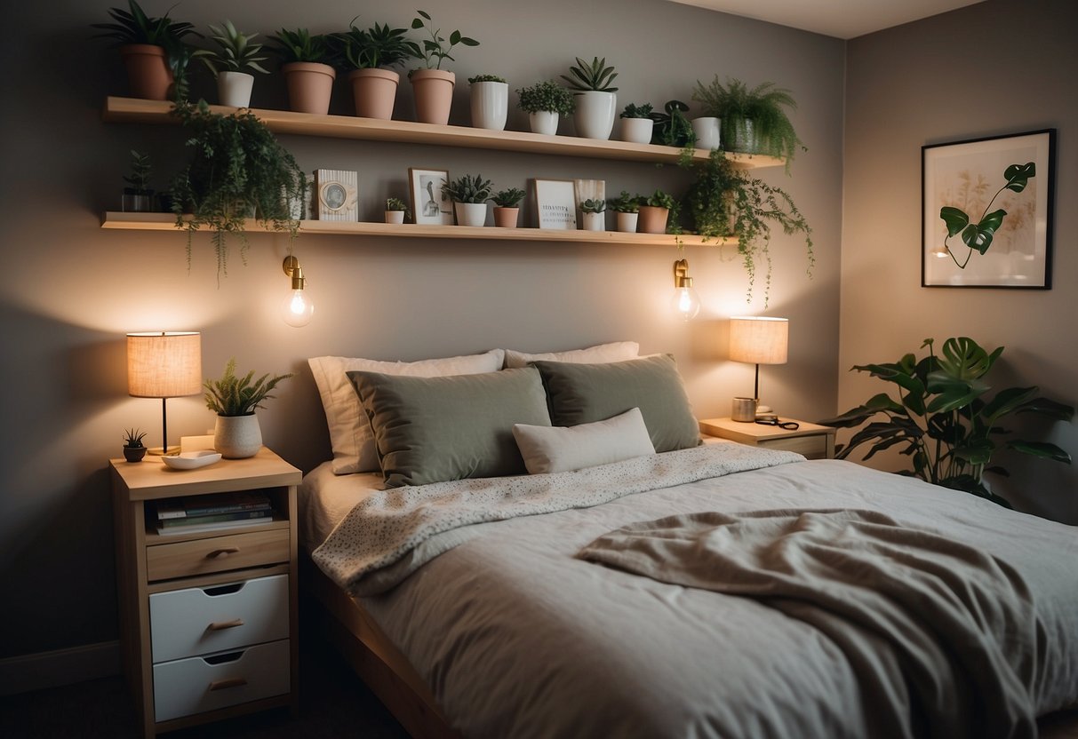 A cozy, clutter-free bedroom with a loft bed, wall-mounted shelves, and a fold-out desk. Soft lighting, plants, and neutral tones create a calming atmosphere