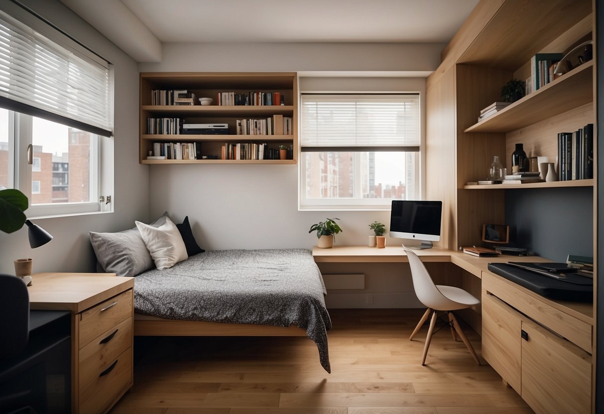 A small bedroom with a Murphy bed folded up against the wall, surrounded by clever storage solutions and space-saving decor