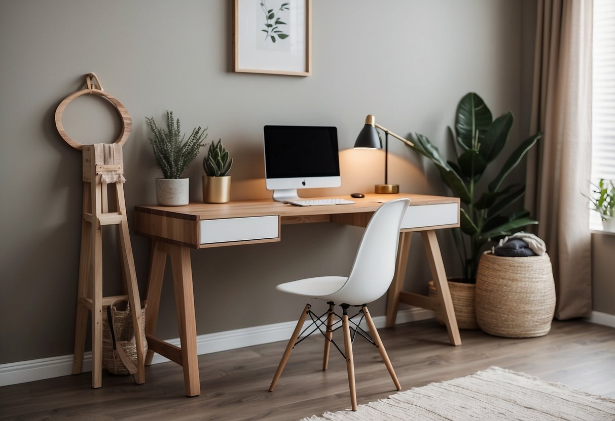 A small, minimalist desk is mounted on the wall, with a sleek design and a few decorative items placed on top. The surrounding area is organized and clutter-free, with a cozy and inviting atmosphere