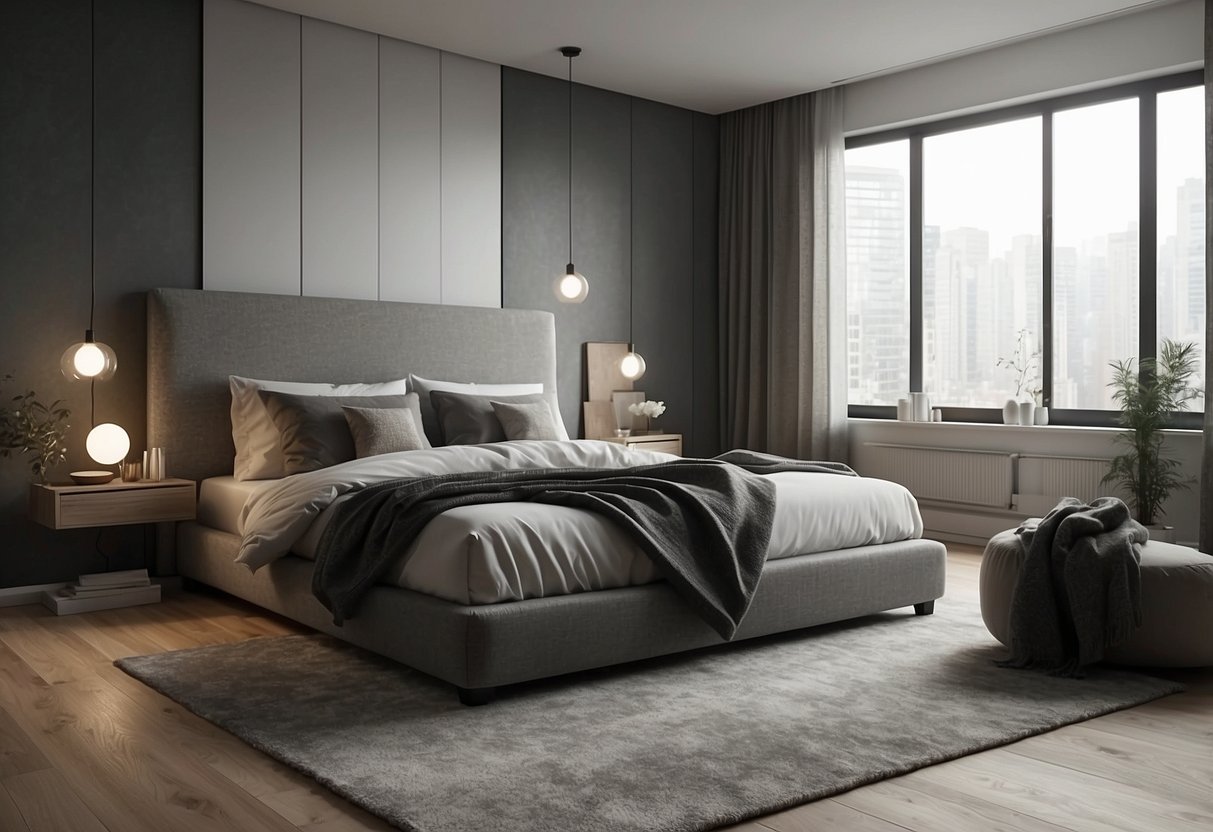 A cozy, monochrome bedroom with a neutral color palette, minimal furniture, and soft lighting. Textured fabrics and simple decor create a serene atmosphere