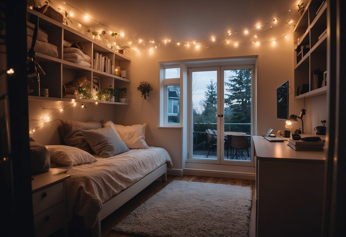 A cozy, tiny bedroom with mirrored closet doors reflecting the soft glow of fairy lights and a neatly made bed