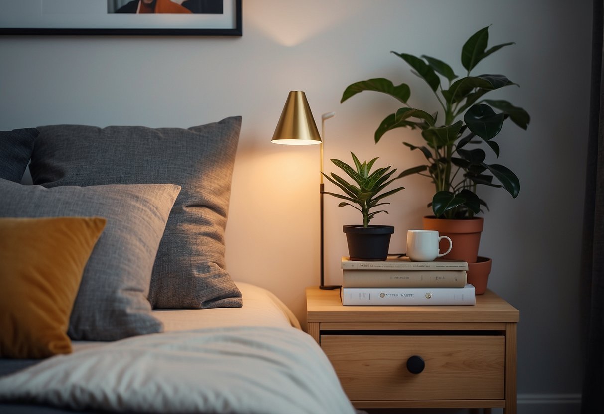 A small nightstand with a lamp, books, and a potted plant. Cozy, minimalist decor in a tiny bedroom