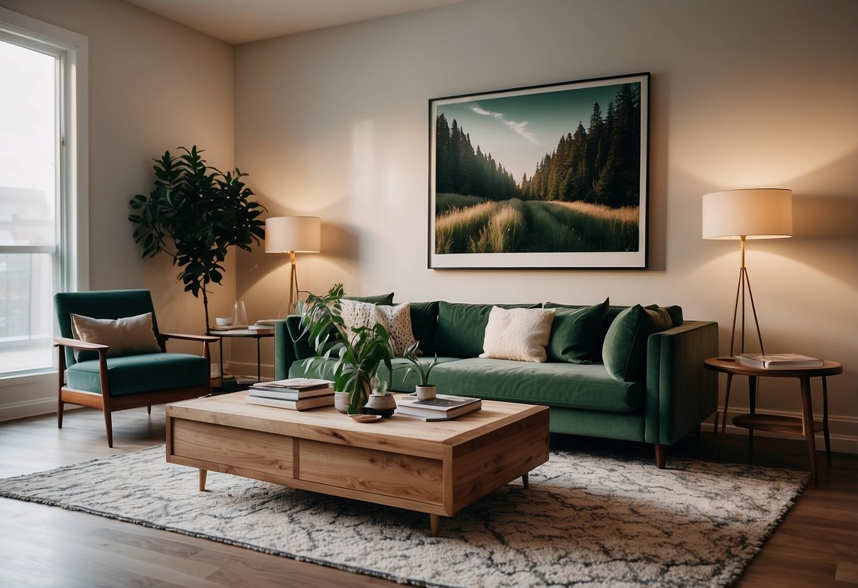 A cozy living room with modern furniture, green plants, and warm lighting. A gallery wall of framed art and a statement rug complete the trendy decor