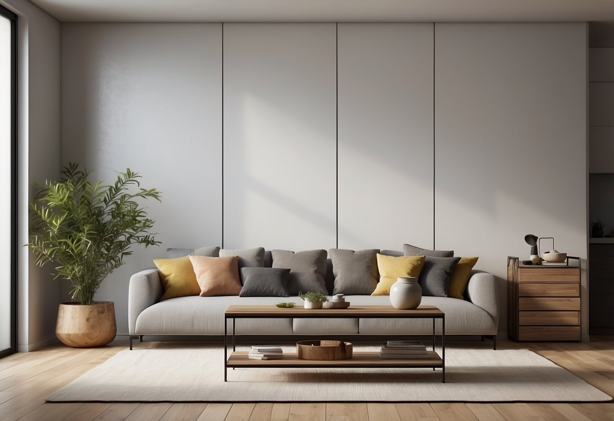 Floating shelves in a modern living room, adorned with a few carefully curated items. Clean lines, neutral colors, and a sense of simplicity