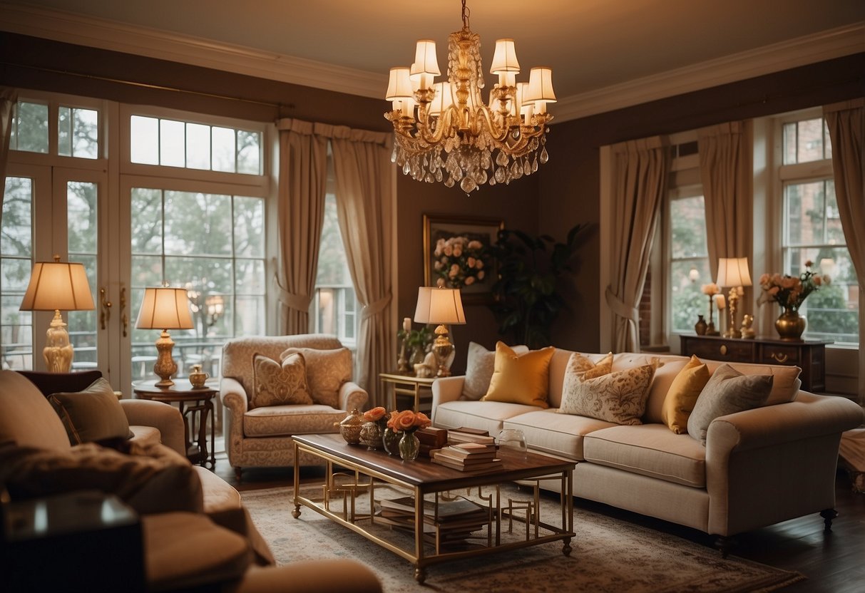 A cozy living room with vintage brass fixtures, including a chandelier, table lamps, and curtain tie-backs. Warm, rich tones and a touch of nostalgia