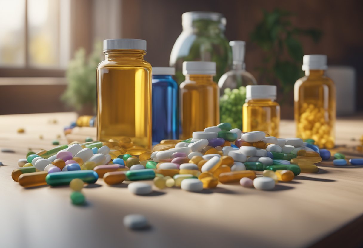 A pile of pills, bottles of vitamins, and natural remedies scattered on a table, with strands of hair falling around them