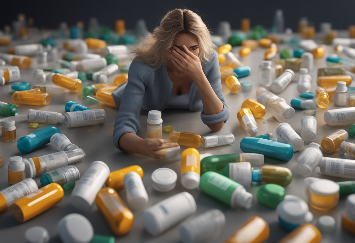 A female figure surrounded by medication bottles, vitamins, and natural remedies, with strands of hair falling to the ground