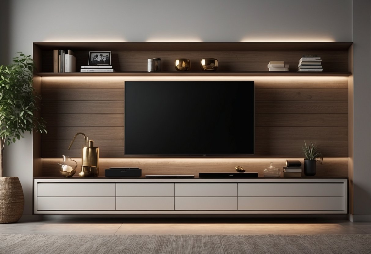 A modern TV unit with sleek lines and minimalist decor, featuring a wall-mounted television, floating shelves, and subtle accent lighting