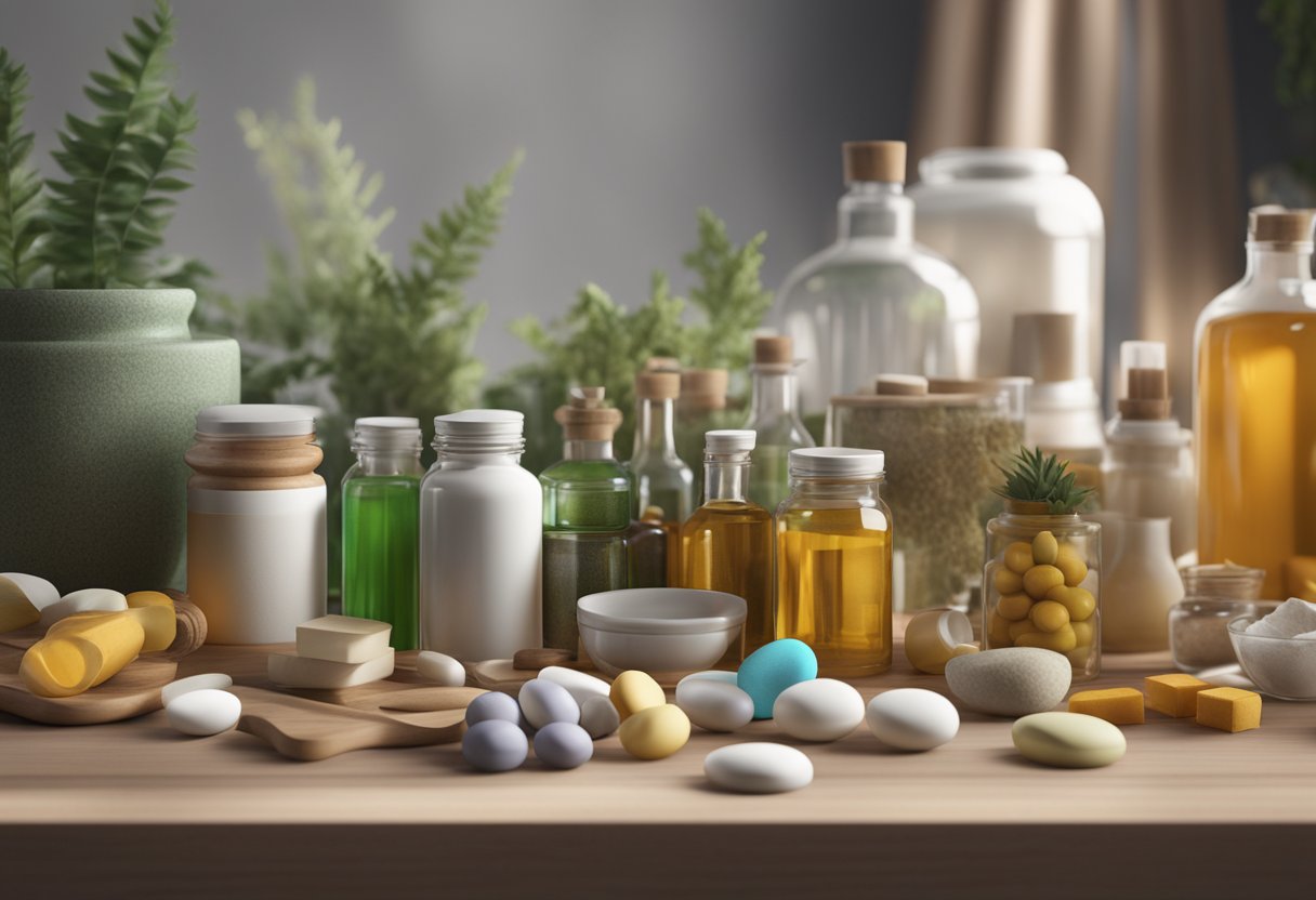 A table with various medications, vitamins, and natural remedies for female hair loss