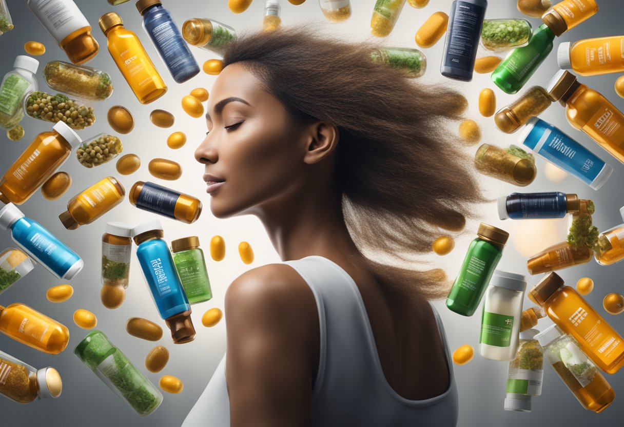 A woman's hair falling out, surrounded by bottles of vitamins and supplements