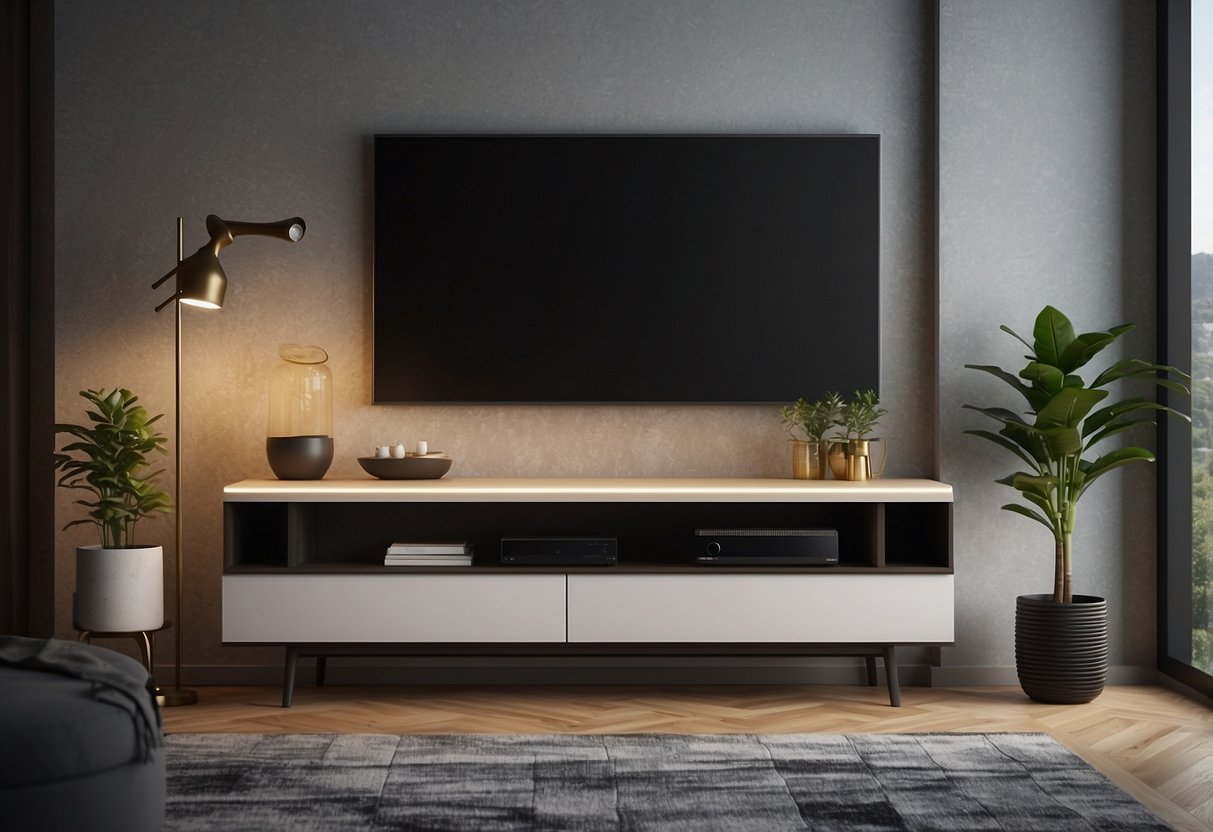 A modern TV stand with LED lighting, surrounded by stylish home decor