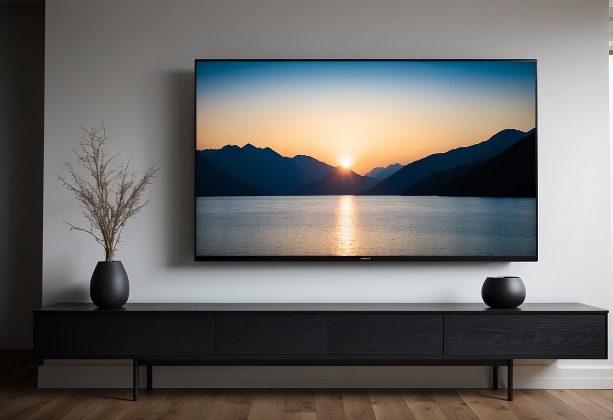 A sleek, black media console sits against a white wall, holding a flat-screen TV and a few decorative items. The unit is simple and modern, with clean lines and minimalistic design