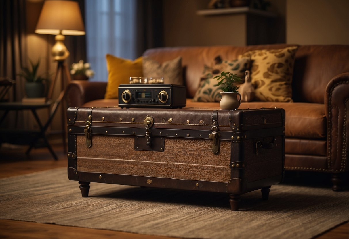 A vintage trunk repurposed as a TV unit, adorned with decorative items, placed in a cozy living room with warm lighting and comfortable seating