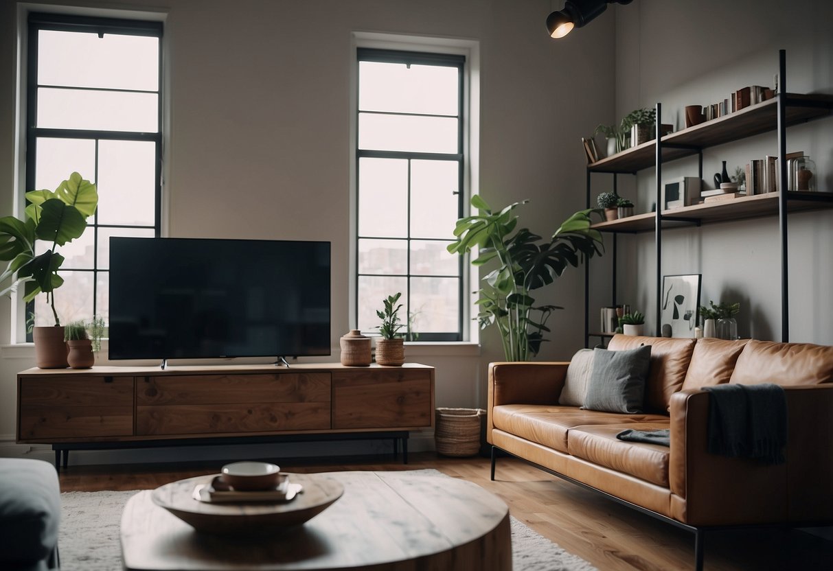 A modern living room with industrial pipe shelving holding a TV unit, surrounded by minimalist decor and cozy seating