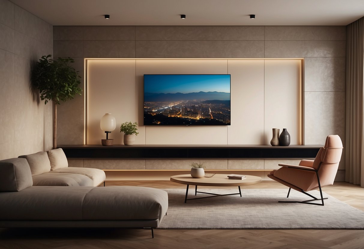 A modern living room with a sleek, minimalist TV unit against a neutral-colored wall, surrounded by stylish decor and soft lighting