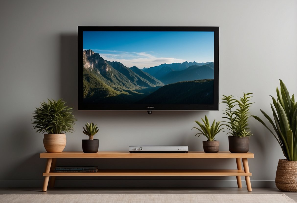 A sleek TV table with minimalist decor, featuring a potted plant, a stack of books, and a decorative tray