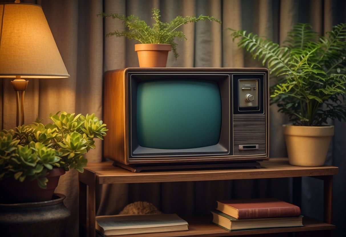 A vintage TV table holds a stack of old books, with a potted plant and a small lamp nearby. The table is placed against a cozy backdrop, creating a warm and inviting home decor setting