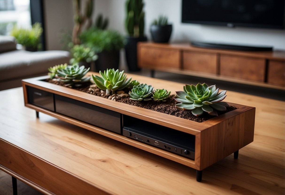 A wooden TV table with succulent planters arranged neatly, creating a cozy and inviting home decor