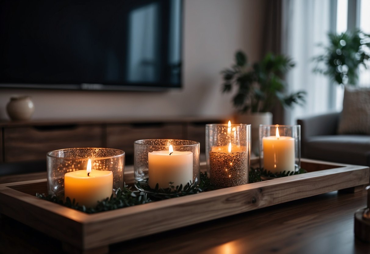 A TV table adorned with decorative candles, adding a cozy and stylish touch to the home decor