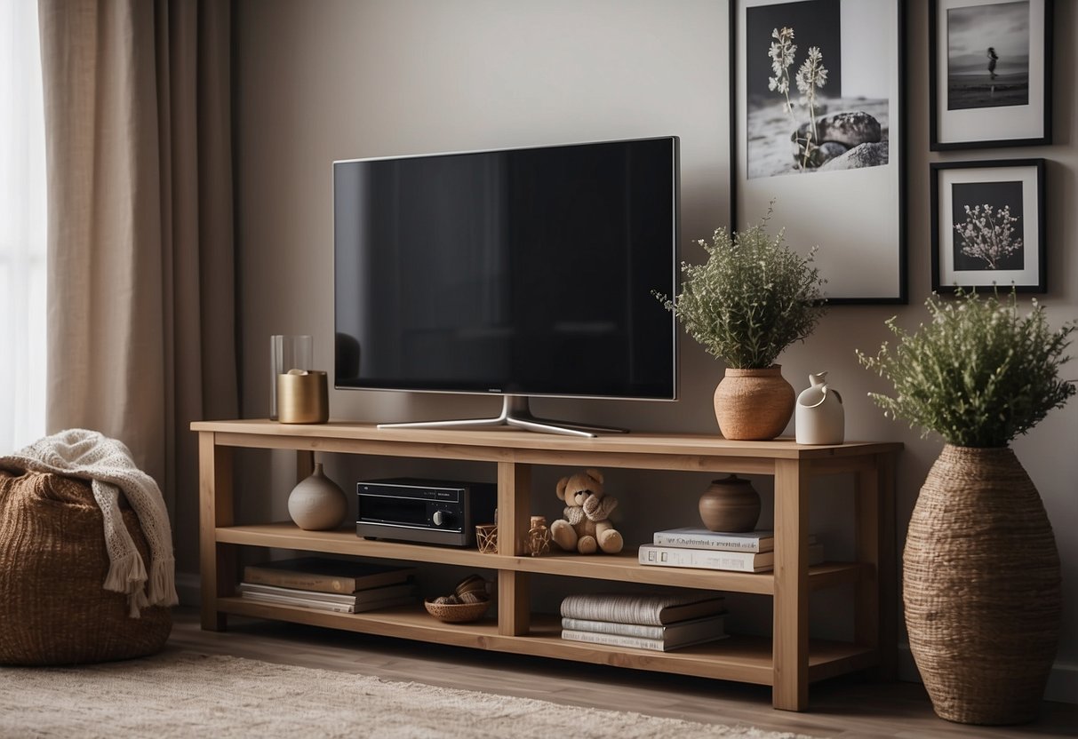 A TV table with framed family photos and home decor ideas