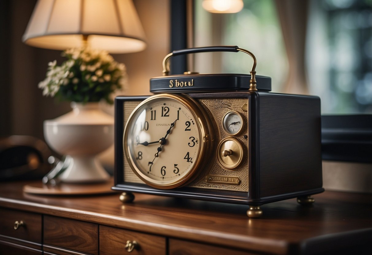 An antique clock sits atop a vintage TV table, surrounded by elegant home decor items