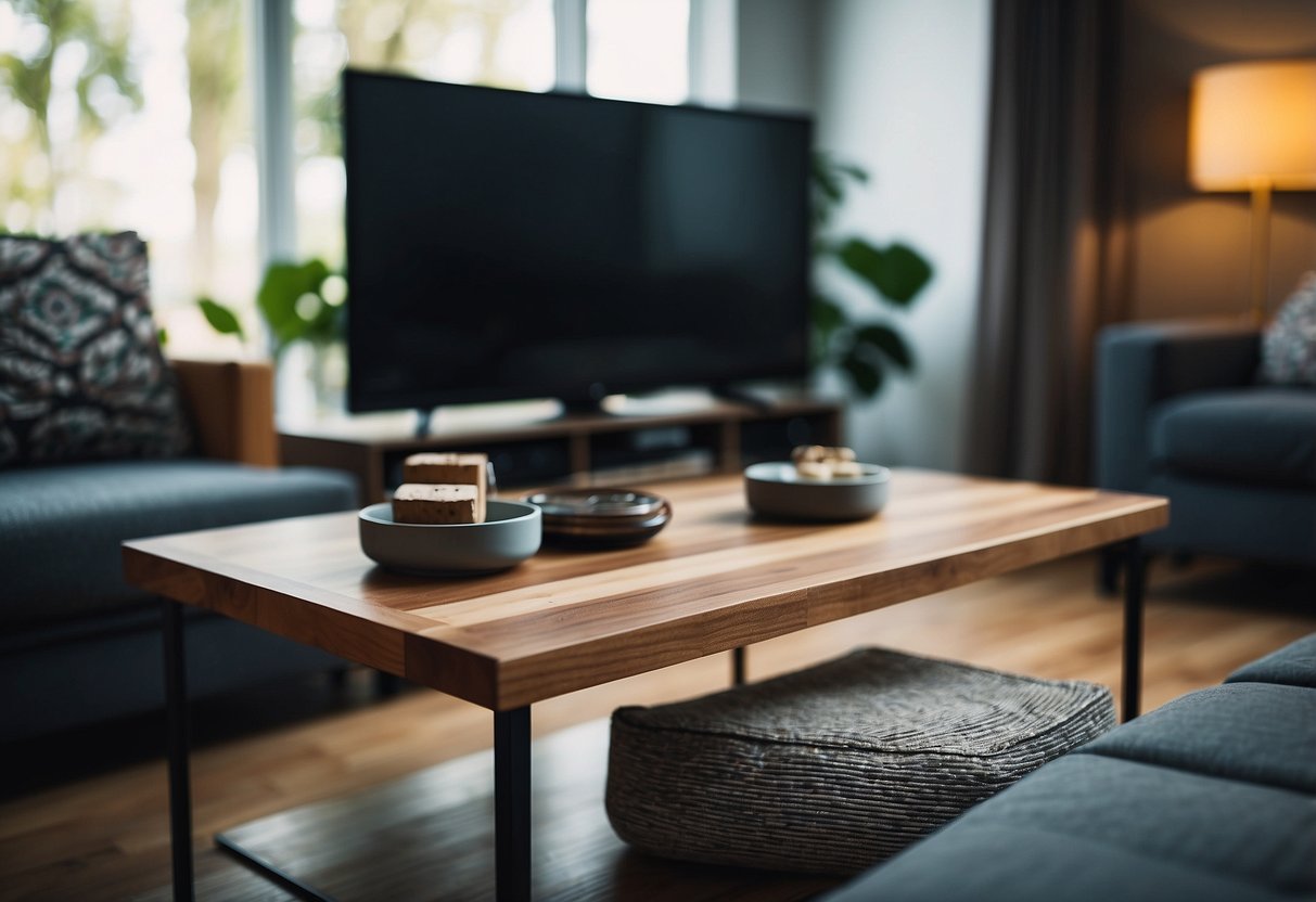 A TV table with handmade coasters as home decor