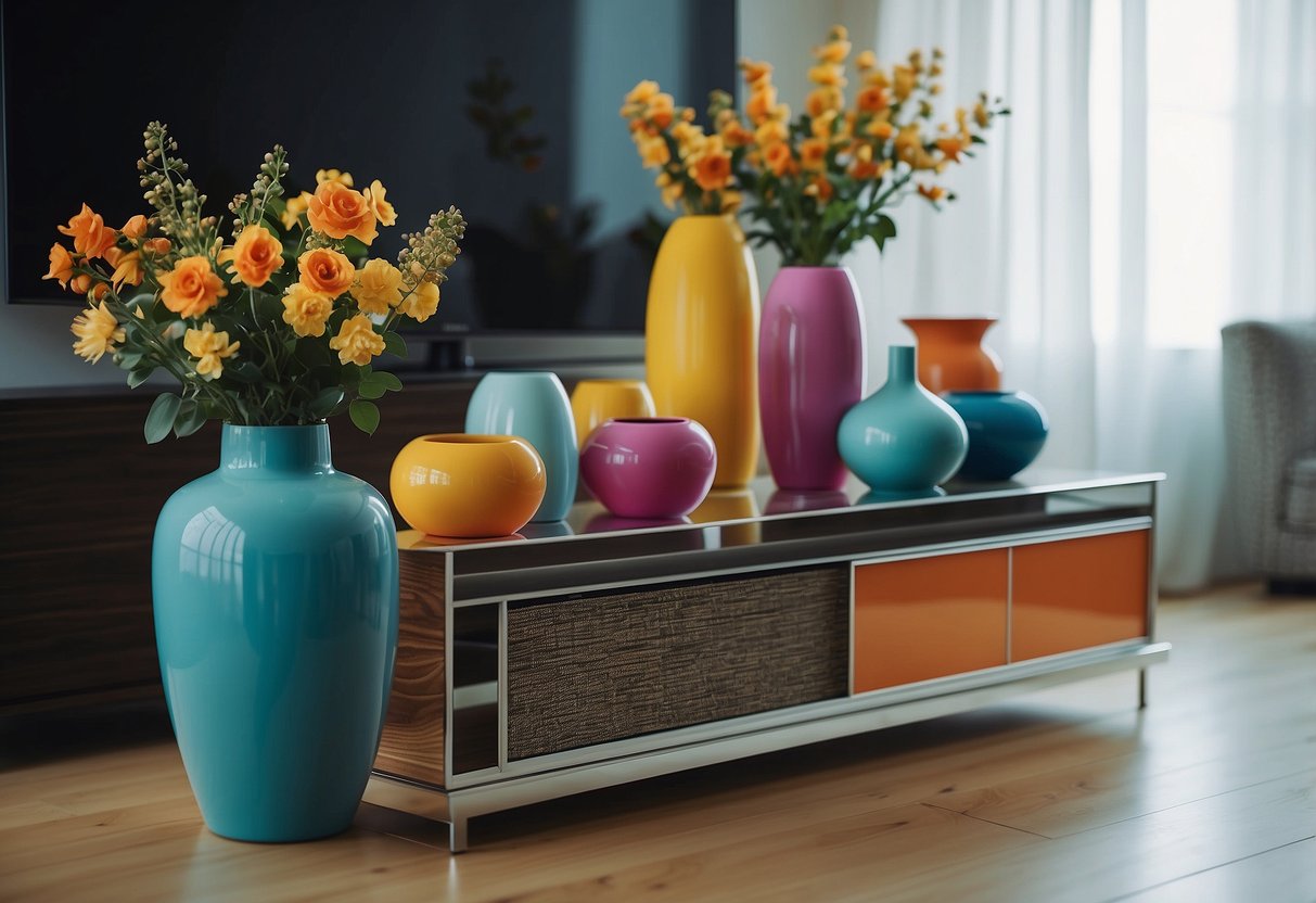 A TV table with colorful vases as home decor