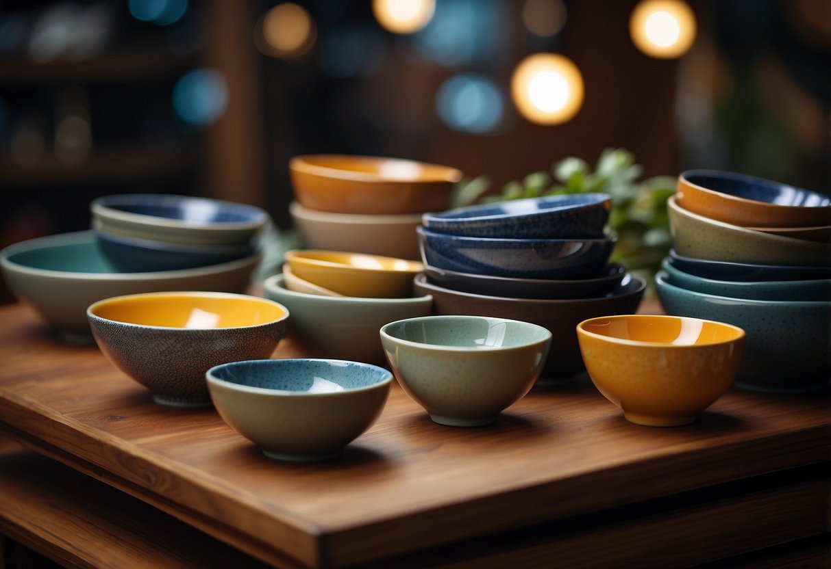 A collection of ceramic bowls arranged on a TV table for home decor ideas