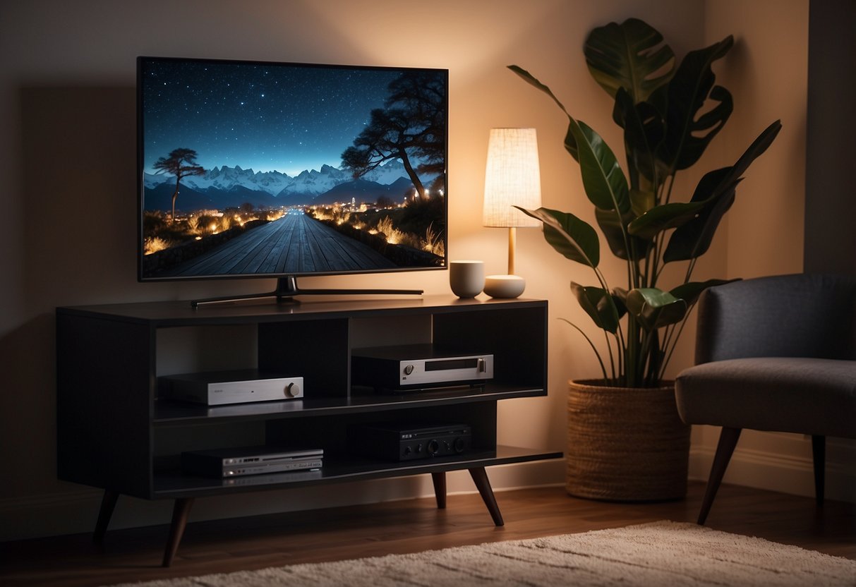 A small TV table with sculptural design, placed in a cozy home setting with modern decor and soft lighting