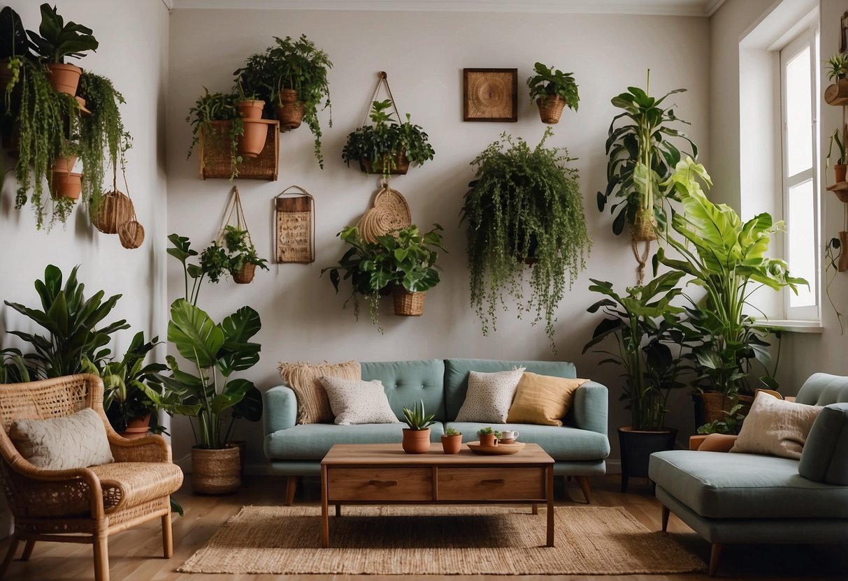 A cozy living room with eclectic wall art, hanging plants, and vintage furniture. A mix of textures and colors creates a visually stimulating and unique decor