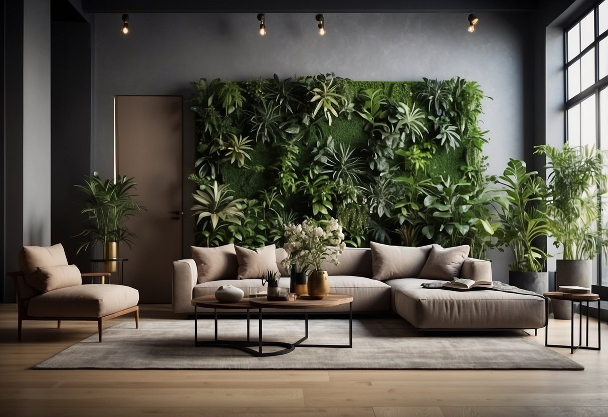 A modern living room with geometric wall planters, filled with lush greenery, creating a unique and stylish home decor feature