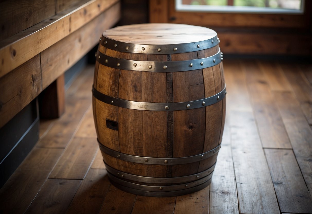 A rustic wine barrel stool repurposed as home decor, with a weathered wood seat and metal banding, adding a touch of vintage charm to any space