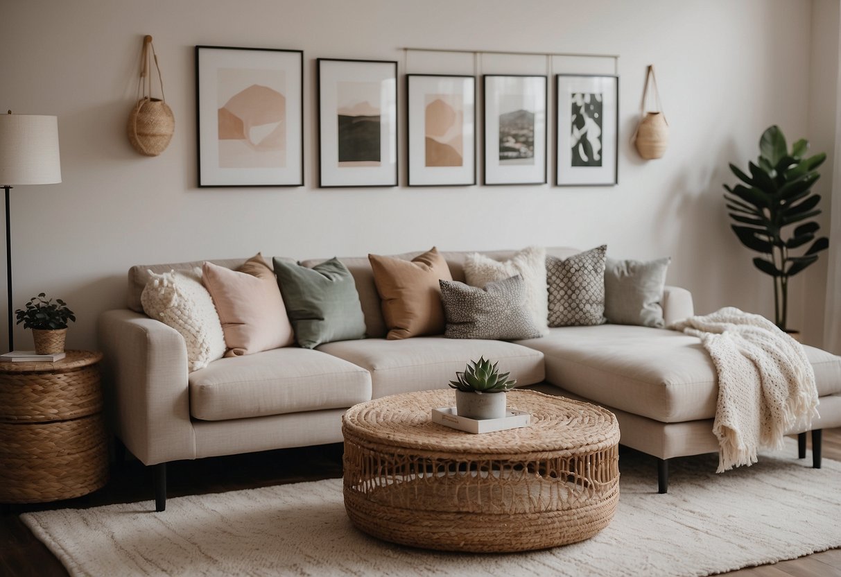 A cozy living room with a neutral color palette, a comfortable sofa with throw pillows, a stylish area rug, and a gallery wall of affordable art pieces