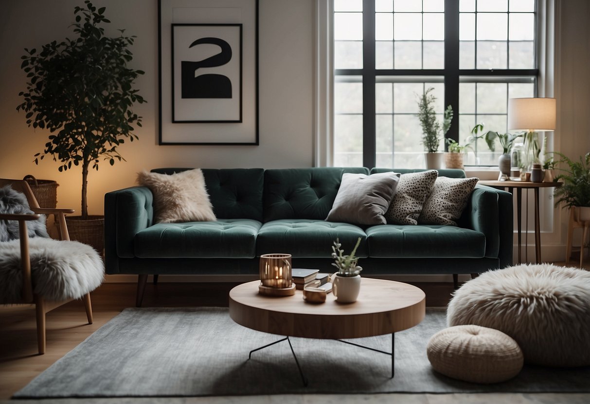 A cozy living room with a plush velvet cushion on a modern sofa, surrounded by stylish home decor items, all under $500